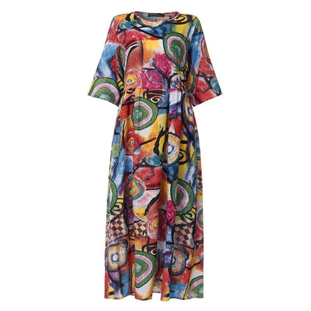 Summer Maxi Dress ZANZEA 2023 Kaftan Womens Printed Sundress Casual 3/4 Sleeve Tunic Vestidos Female Pleated Robe