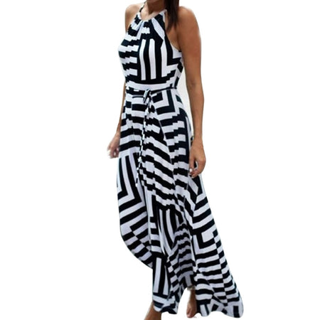 Summer Maxi Dress New Fashion Women Sexy Boho Striped Sleeveless Beach Style Strap Sundress Vestidos Female Long Irregular Robes