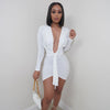 2021 Summer Women's Sexy Deep V Neck Bandage Full Sleeve Solid Bodycon Mini Dress New Fashion OL Party Club Wear K21DS203