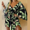 Sexy V-Neck Women Mini Dress Casual Leaf Leopard Print Harajuku Batwing Sleeve Dress Lady Elegant Lace-Up Irregular Party Dress