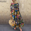 Summer Maxi Dress ZANZEA 2023 Kaftan Womens Printed Sundress Casual 3/4 Sleeve Tunic Vestidos Female Pleated Robe