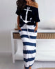 Women Off Shoulder Dresses Summer Boat Anchor Striped Print T-shirt & Maxi Dress 2 Pieces Female Slash Ankle-Length Slim Dresses