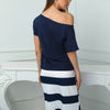 Women Off Shoulder Dresses Summer Boat Anchor Striped Print T-shirt & Maxi Dress 2 Pieces Female Slash Ankle-Length Slim Dresses