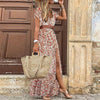 Women Boho Long Dress Fashion Paisley Print  V Neck Short Sleeve Dresses Summer Belt Large Hem Beach Dress Elegant Slit Skirt