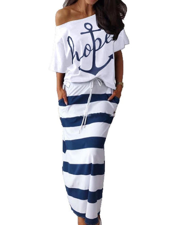 Women Off Shoulder Dresses Summer Boat Anchor Striped Print T-shirt & Maxi Dress 2 Pieces Female Slash Ankle-Length Slim Dresses