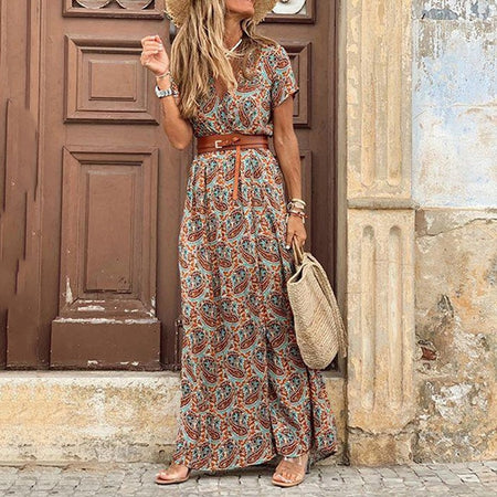 Women Boho Long Dress Fashion Paisley Print  V Neck Short Sleeve Dresses Summer Belt Large Hem Beach Dress Elegant Slit Skirt