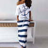 Women Off Shoulder Dresses Summer Boat Anchor Striped Print T-shirt & Maxi Dress 2 Pieces Female Slash Ankle-Length Slim Dresses
