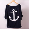 Women Off Shoulder Dresses Summer Boat Anchor Striped Print T-shirt & Maxi Dress 2 Pieces Female Slash Ankle-Length Slim Dresses