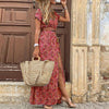 Women Boho Long Dress Fashion Paisley Print  V Neck Short Sleeve Dresses Summer Belt Large Hem Beach Dress Elegant Slit Skirt