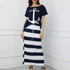 Women Off Shoulder Dresses Summer Boat Anchor Striped Print T-shirt & Maxi Dress 2 Pieces Female Slash Ankle-Length Slim Dresses
