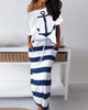 Women Off Shoulder Dresses Summer Boat Anchor Striped Print T-shirt & Maxi Dress 2 Pieces Female Slash Ankle-Length Slim Dresses