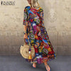 Summer Maxi Dress ZANZEA 2023 Kaftan Womens Printed Sundress Casual 3/4 Sleeve Tunic Vestidos Female Pleated Robe