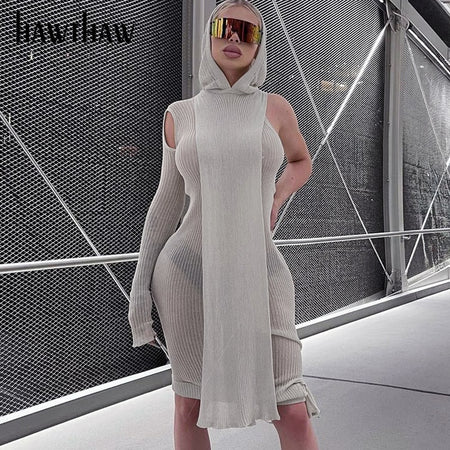 Hawthaw Women Fashion Autumn One Shoulder Bodycon Hooded Streetwear Midi Dress 2021 Fall Clothes Wholesale Items Dropshipping