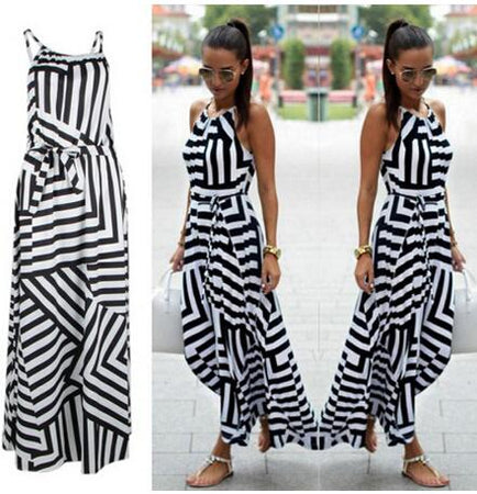 Summer Maxi Dress New Fashion Women Sexy Boho Striped Sleeveless Beach Style Strap Sundress Vestidos Female Long Irregular Robes