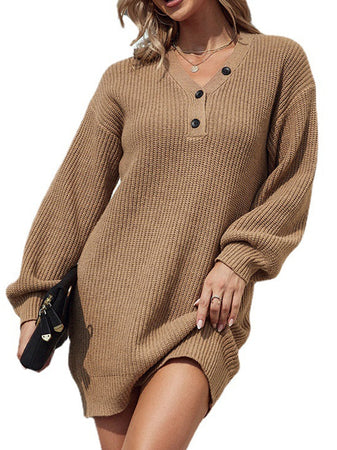 Autumn Winter New V Neck Button Down Sweater Women Loose Long Knit Tunic Top Oversized Pullover Sweaters Dress