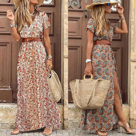 Women Boho Long Dress Fashion Paisley Print  V Neck Short Sleeve Dresses Summer Belt Large Hem Beach Dress Elegant Slit Skirt