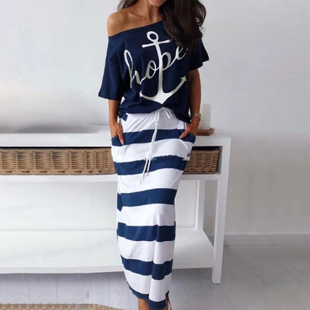 Women Off Shoulder Dresses Summer Boat Anchor Striped Print T-shirt & Maxi Dress 2 Pieces Female Slash Ankle-Length Slim Dresses