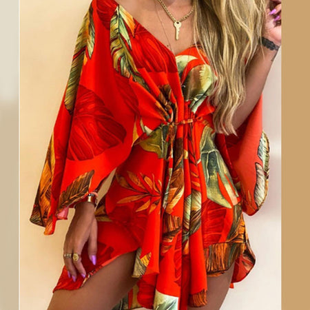 Casual Leaf Print Batwing Mini Dress