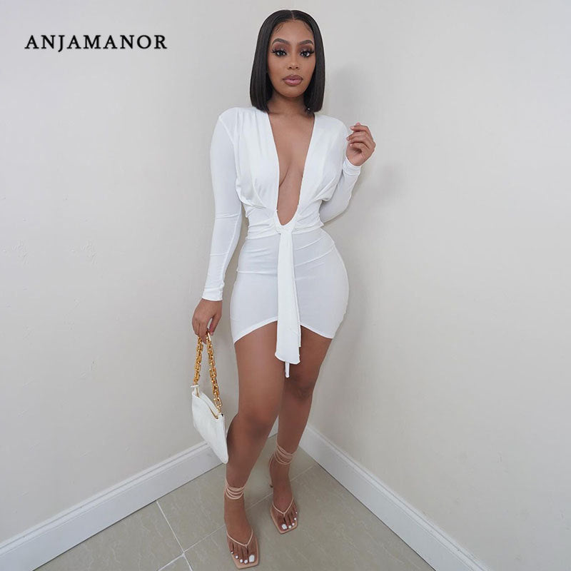 Sexy Deep V Neck Long Sleeve Bodycon Dress Couture Level Curves Sexy Deep V Neck Long Sleeve Bodycon Dress Couture Level Curves