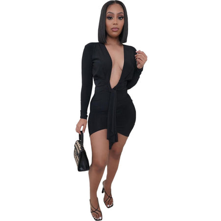 Sexy Deep V Neck Long Sleeve Bodycon Dress